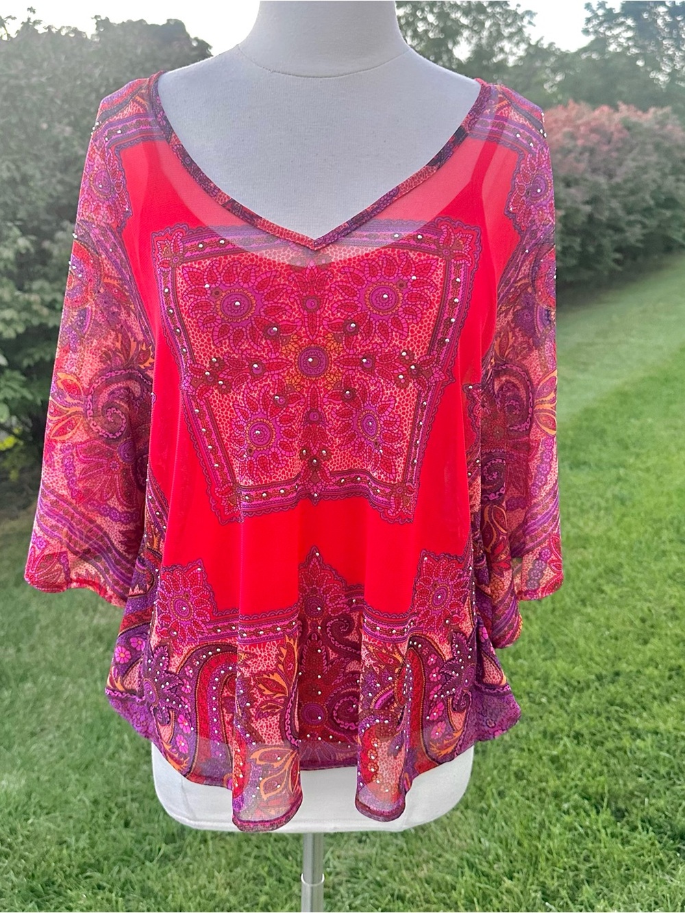INC International Concepts Orange, Red & Pink Paisley Embellished V-Neck Tunic